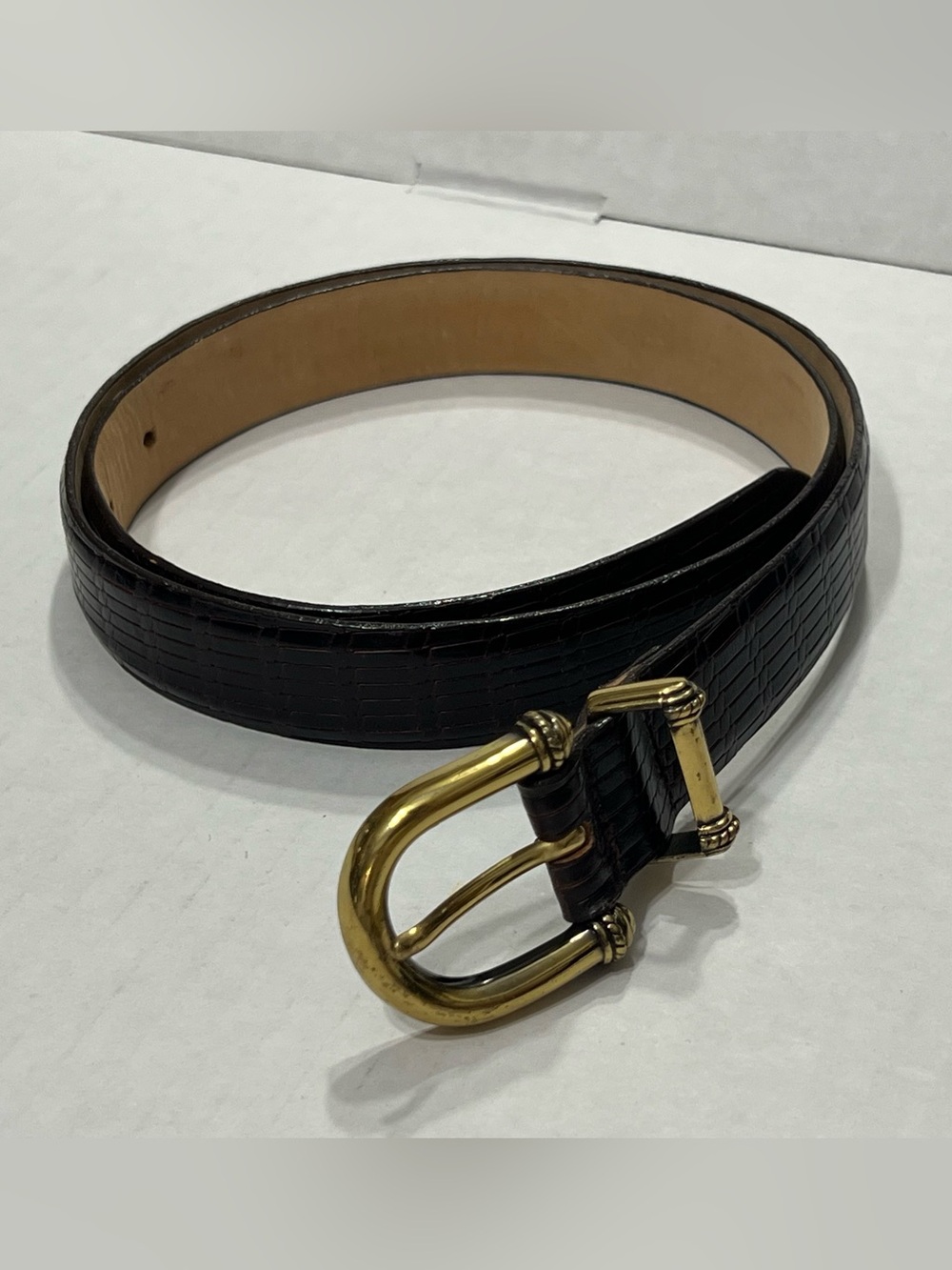 Talbots Black Croc-Embossed Belt with Gold Buckle